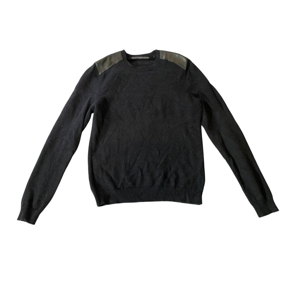 Guess Mens Black Knit Sweater Faux Leather Shoulder Patches Medium